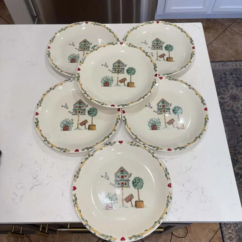 Thomson Pottery Birdhouse Pattern Dinner Plates 10.25” (6)